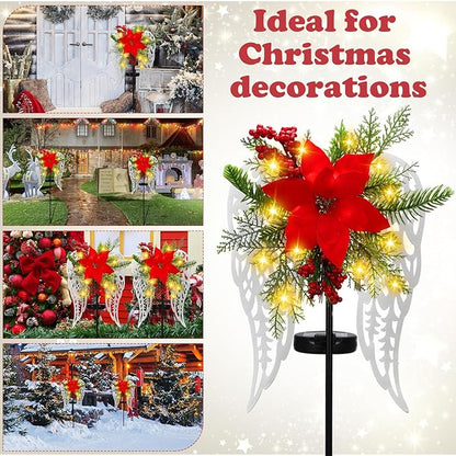 Baquler 2 Pack Christmas Outdoor Decorations Solar Stake Lights, Led Angel Wings Metal Stakes with Big Poinsettia Flower, Grave Pathway Lights for Lawn Garden Cemetery Decor
