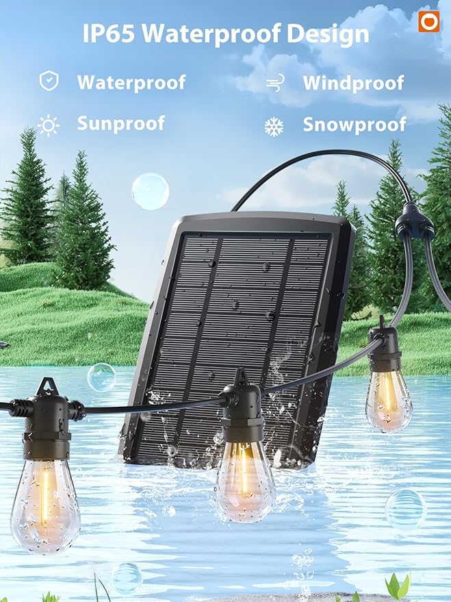 addlon 104FT(98FT+6) Solar String Lights Outdoor Waterproof with USB Port & Remote Control Solar Patio Lights for Outside Solar Powered with 34 LED Dimmable Bulbs for Porch Garden Deck Halloween