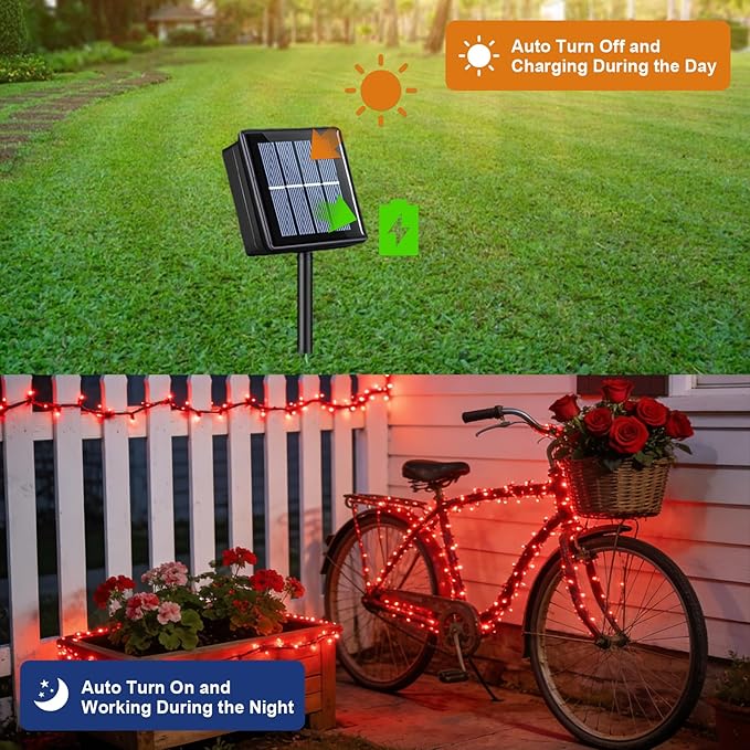 QITONG Red Valentine Solar String Lights, 2 Pack Each 66ft 200 LED Christmas Lights Outdoor Waterproof, 8 Modes | Lumora