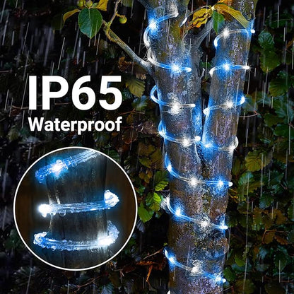 Solar Rope Lights, 2 Packs Total 132ft 400LED Solar String Lights, 8 Modes Waterproof Solar Powered Outdoor Light, Flexible Clear Tube Light for Garden Yard Patio Deck Porch Tree Xmas Decor-White&Blue