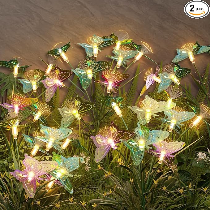 Flumy Solar Lights Outdoor Waterproof 8-Head Butterfly Decorations,Solar Garden Lights,Christmas Christmas Gift，Birthday Decorations,Butterfly Solar Lights for Garden and Yard 2Pack