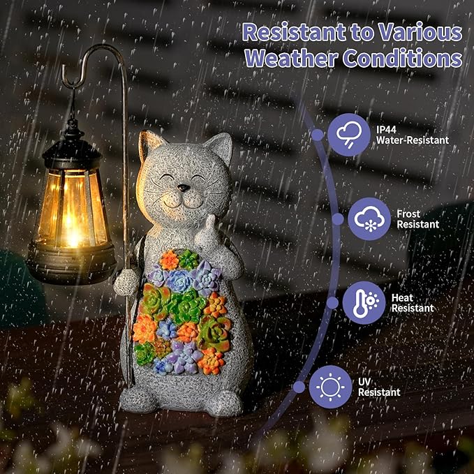 Solar Cat Garden Statue with Succulent Decor Hanging Lantern – Waterproof Resin Outdoor Figurine for Yard, Patio | Lumora