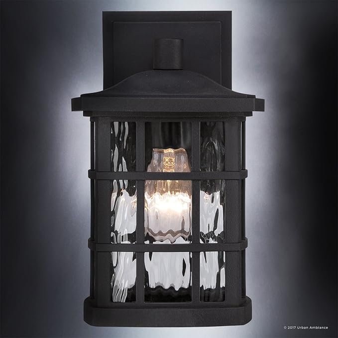 Urban Ambiance Luxury Craftsman Outdoor Wall Light, Small Size: 10.5" H x 6.5" W, with Tudor Style Elements, Highly-Detailed Design, High-End Black Silk Finish and Water Glass, UQL1230