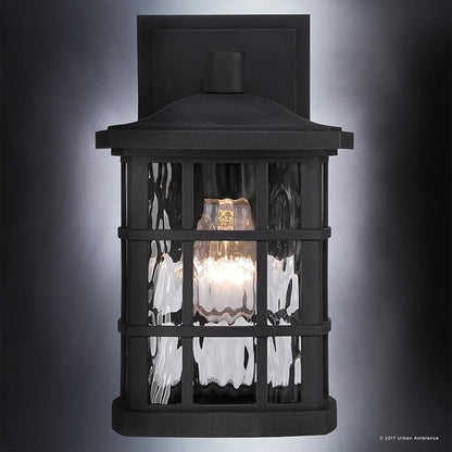 Urban Ambiance Luxury Craftsman Outdoor Wall Light, Small Size: 10.5" H x 6.5" W, with Tudor Style Elements, Highly-Detailed Design, High-End Black Silk Finish and Water Glass, UQL1230