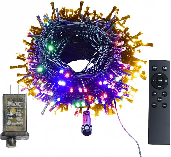 200 LED Color Changing Christmas Lights with Remote - 8 Modes (Warm White to Multicolor), 66ft Green Wire ETL Certified Commercial Grade, Waterproof Indoor/Outdoor for Patio, Trees & Parties.