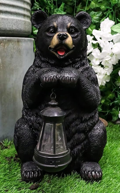 Ebros Gift Rustic Garden Decorative Adorable Forest Black Bear Holding Lantern Greeter Statue Figurine Solar LED Lantern Path Light for Indoor Outdoor Home Bears Wild Animals Sculpture