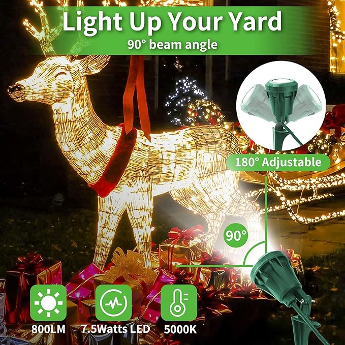 LED Christmas Spotlight Outdoor Plug in, 800LM Waterproof Flood Lights with 5 Extra Lenses (Red Green Blue Purple Orange), 5000K Landscape Light for Yard, Flag, Holiday Decor, ETL Listed, 2 Pack
