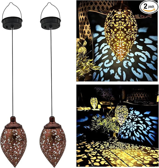 Solar Outdoor Lanterns - Hanging Lights, Set of 2 Moroccan Style Garden Party Decorative Rechargeable Lantern, Hurricane Lamps are Great for Front Porch, Patio and Yard