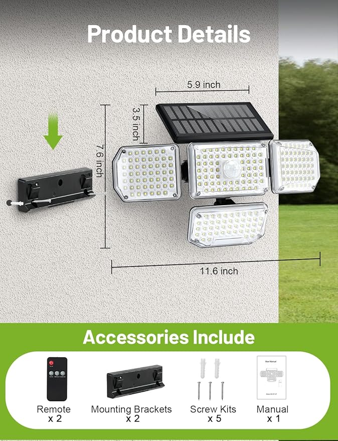 Solar Lights Outdoor, 214 LED Motion Sensor Waterproof Solar Security Light with Remote Control, 4 Heads 270° Wide Angle Flood Wall Light with 3 Modes, Auto On/Off for Outside Patio Backyard (2 Pack)