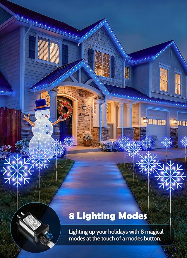 Brightown Large Snowflake Pathway Lights,10-Pack 34" Outdoor Snowflake Christmas Lights Decor for Yard, 8 Modes Sidewalk Marker Stake for Driveway Walkway, IP44 Waterproof,Blue and White