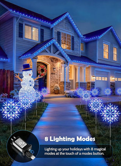 Brightown Large Snowflake Pathway Lights,10-Pack 34" Outdoor Snowflake Christmas Lights Decor for Yard, 8 Modes Sidewalk Marker Stake for Driveway Walkway, IP44 Waterproof,Blue and White