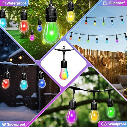 RGB Safety String Lights 50FT - Commercial Grade Low Voltage Strand with 20 S14 Shatterproof Bulbs for Tree Garden Yard bistro Cafe | RGB Party Lights & Outdoor Lights | IP65 Waterproof | UL Listed