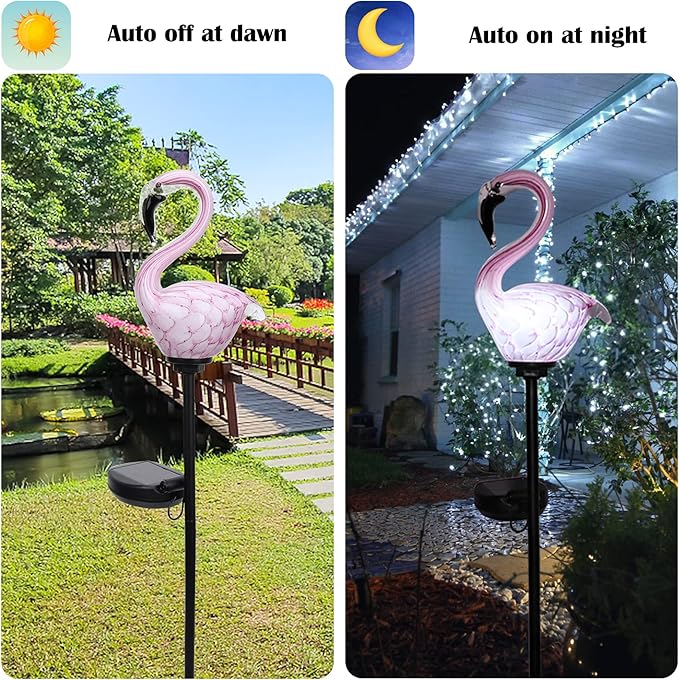 Afirst Solar Outdoor Lights Decorative - Solar Garden Stake Lights Flamingo Handblown Glass Stake Garden Pathway Light Outdoor Waterproof Glass Stakes for Pathway Yard Lawn Decoration