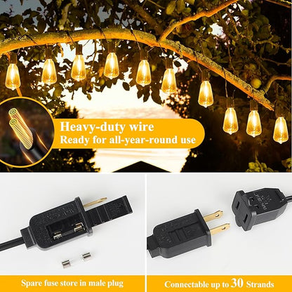 Brightever LED Outdoor String Lights 50FT Patio Lights with 27 Shatterproof ST38 Vintage Edison Bulbs, Outside Hanging Light Waterproof for Porch, Deck, Garden, Backyard, Balcony, 2200K Dimmable