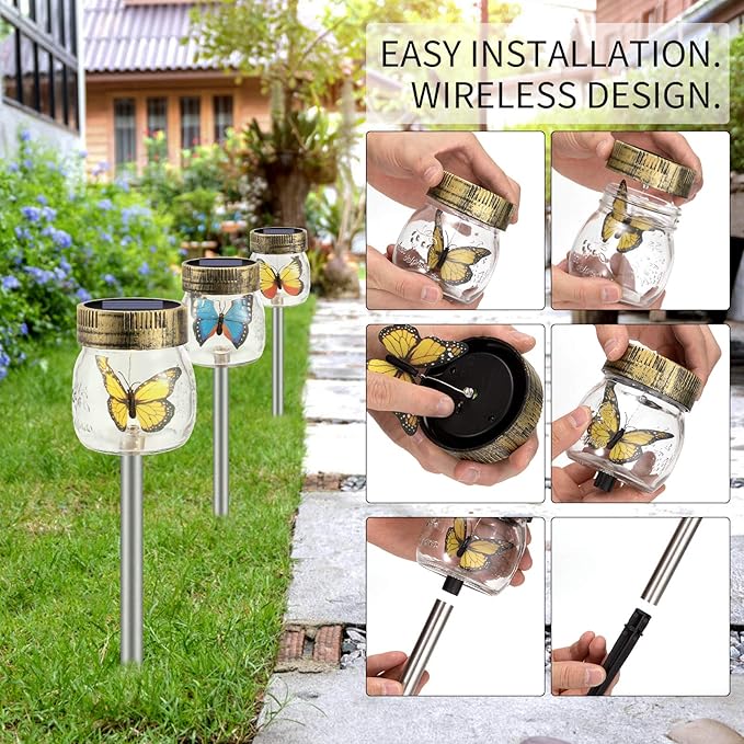 SUNWIND Solar Garden Lights Outdoor Decorative - 3 Pack Decorative Butterfly Glass Jar Lights for Pathway, Lawn, Yard