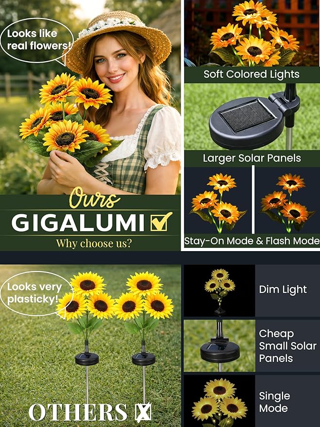 GIGALUMI Solar Garden Lights Artificial Flowers, LED Garden Decor Carefree Sunflower Solar Lights Outdoor Yard Decorations Outdoor, Everlasting Sunflower Decor Gift for Outside Yard Patio (Set of 4)