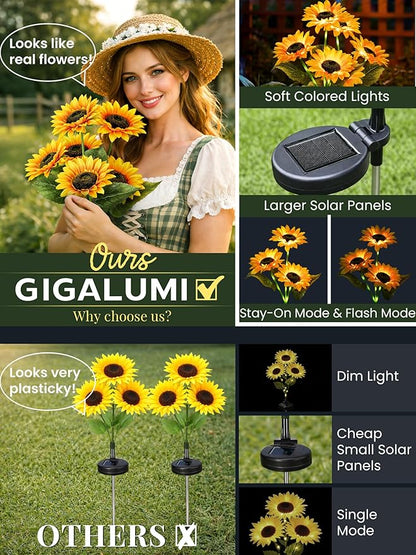 GIGALUMI Solar Garden Lights Artificial Flowers, LED Garden Decor Carefree Sunflower Solar Lights Outdoor Yard Decorations Outdoor, Everlasting Sunflower Decor Gift for Outside Yard Patio (Set of 3)