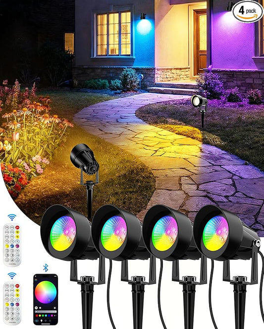 CORESLUX Smart RGBW Spot Lights Outdoor, Color Changing Warm White Landscape Lights with APP and Remote Control, Spotlight Waterproof for Garden Yard Patio Landscape, 4 Pack