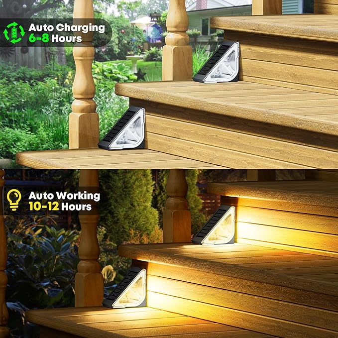 Solar Step Lights for Outside, 6 Pack Stair Lights Outdoor Waterproof with RGB & Warm White Mode, Auto ON/Off LED Step Lights Outdoor Solar Powered for Step Stair Patio Yard Porch Frontdoor