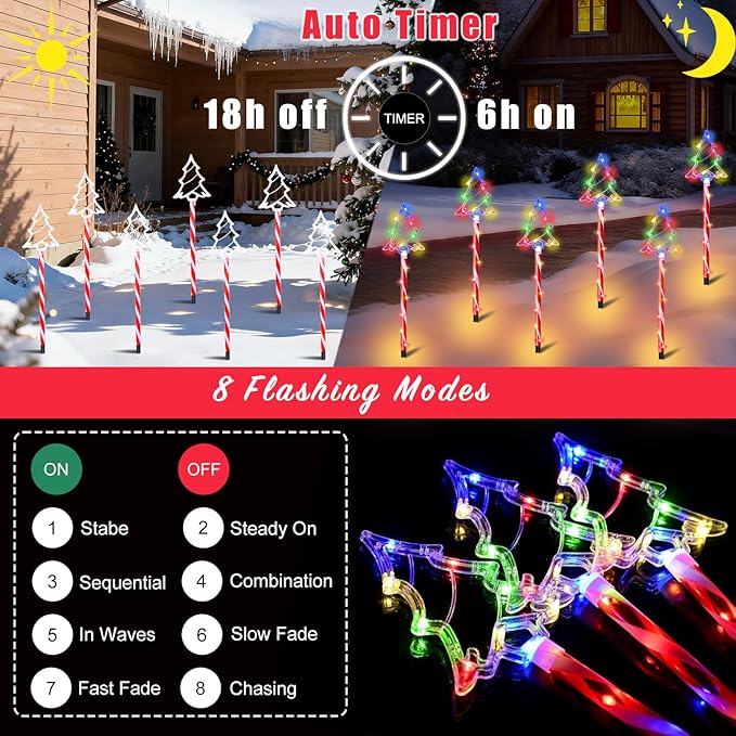 Christmas Pathway Lights Outdoor Decorations 27inch with Stake, 6/18H Timer 8 Modes LED Candy Cane Pathway Lights Outdoor, 32 FT Colorful Xmas Decorations for Walkway Yard Decor 10 Pack