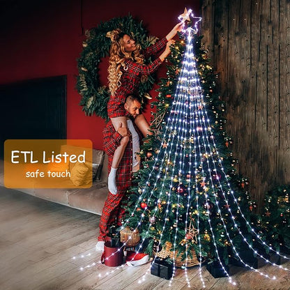 Christmas Decorations Star String Lights, 344 LED Waterfall Tree Lights with 11" Topper Iron Star Christmas Lights Indoor Outdoor Decorative for Wedding Party Home Holiday Decor (Pure White)