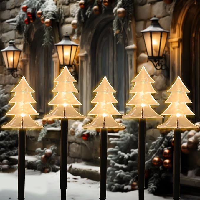 Mycznsyard Solar Christmas Tree Pathway Light 5 Pack Christmas Decorative Lights Waterproof LED Night Lights for Outdoor Ground Lawn Landscape Holiday Party Christmas Decor (Warm White)
