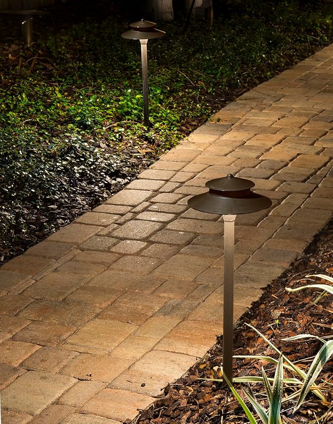 VOLT Stratum 12V Brass 2-Tier Path Light (9" Shade, 25" Tall) for Low Voltage Landscape Lighting on Outdoor | Lumora