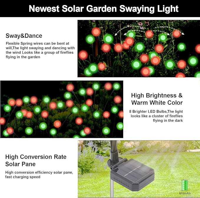 Swaying Solar Firefly Lights Outdoor, 8 Modes Red and Green Firefly Swaying Solar Garden Lights Waterproof for Outside Christmas Yard Patio Pathway Plant Landscape Garden Decor(R&G 4 Pack)