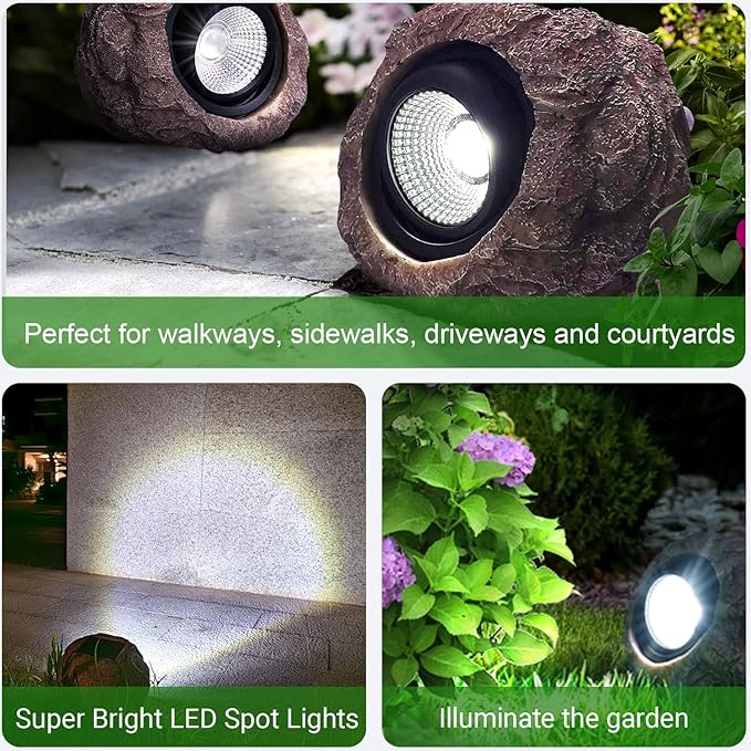 Outdoor Solar Rock Light - 4 Pack, Fake Rock IP65 Waterproof LED Super Bright Spotlight for Deck, Staircase, Woods | Lumora