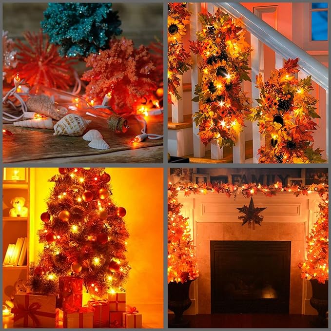 YULETIME 200 Orange Christmas Lights, Pack of 2 Sets 33 Feet 100 Count UL Certified Incandescent String Lights (Orange - White Wire)