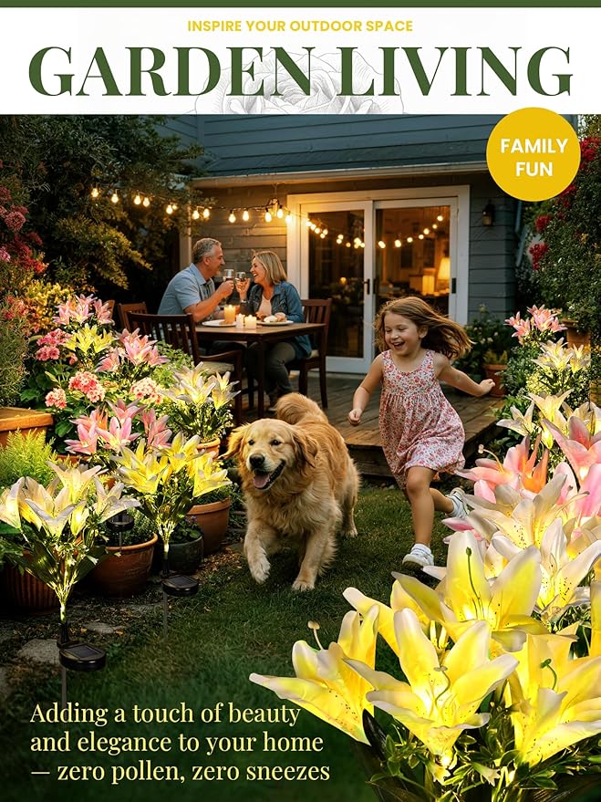 GIGALUMI Solar Garden Lights, LED Lily Garden Decor Carefree Solar Flowers Outdoor Waterproof, Yard Decorations Outdoor, Allergy-Free, Everlasting Light up Flowers for Yard Patio Garden (Set of 4)