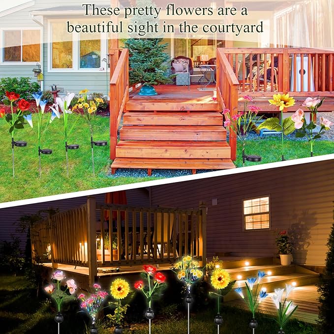 Crowye 8 Pcs Solar Flower Lights 4 Styles Led Solar Rose Lily Sunflower Daisy Garden Flowers Lights Waterproof Solar Outdoor Lights for Yard Patio Lawn Pathway Walkway Garden Halloween Decoration