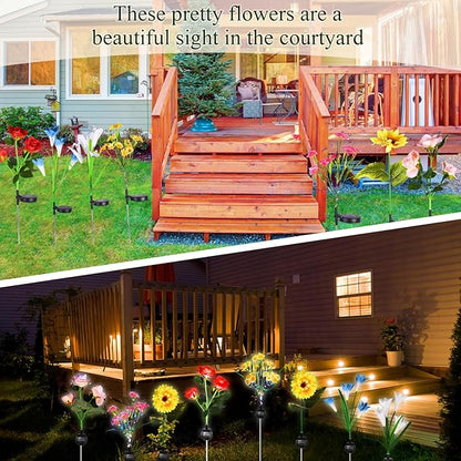 Crowye 8 Pcs Solar Flower Lights 4 Styles Led Solar Rose Lily Sunflower Daisy Garden Flowers Lights Waterproof Solar Outdoor Lights for Yard Patio Lawn Pathway Walkway Garden Halloween Decoration