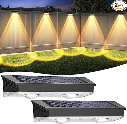 Solar Fence Lights Outdoor, 2 Pack Warm/Neutual/Cool White Fence Solar Lights with 2 LED, IP65 Waterproof, Backyard Patio Decor for Deck, Wall, Railing, Pool, Stair