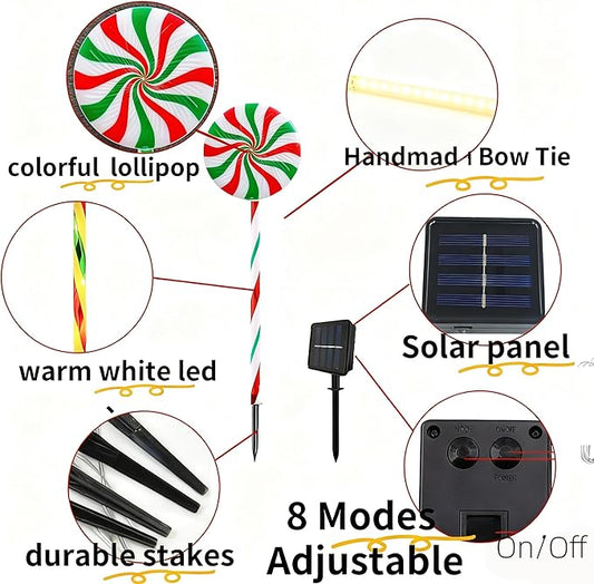 Christmas Solar Lollipop Pathway Lights 5 Pack Outdoor Candy Cane Stake Light with Bow Waterproof Walkway Xmas Outsides Garden Yard Lighting Landscape Decorative Decoration