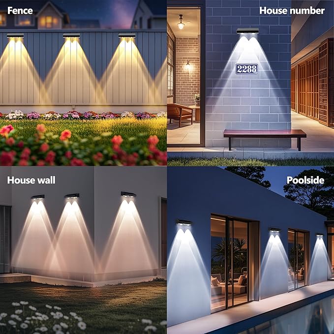 BrizLabs Solar Fence Lights Outdoor, 3 Color (2700K/4500K/6500K) & 6 Modes Solar Wall Light, 8 Pack 250lm LED Patio Deck Lighting IP65 Waterproof Fence Lighting for Outside Backyard Patio Railing Pool