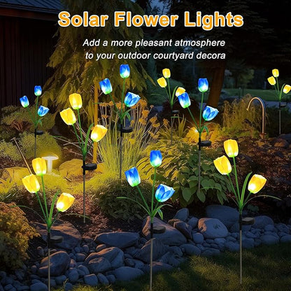 Garden 4 Pack LED Solar Flower Lights with More Realistic Tulips Flowers Solar Garden Lights Outdoor Waterproof for Yard Patio Lawn Pathway Walkway Decoration Yellow & Blue Combo