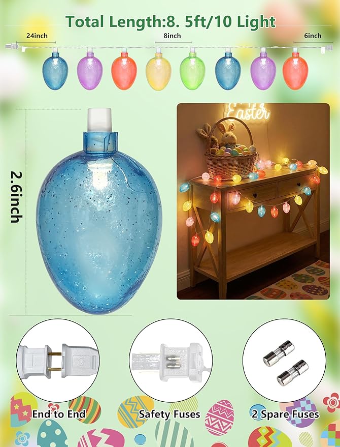 8.5Ft Easter Egg String Lights Plug in, Outdoor Easter Decorations String Lights with 10 LED Multicolor Glitter Egg Light, Hanging Pastel Easter Lights for Indoor Home Spring Patio Garden Party Decor