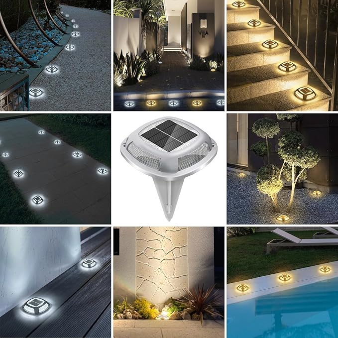 btfarm 14 Pack Solar Dock Lights, 2 Color Modes LED Driveway Solar Lights Outdoor, IP67 Waterproof Driveway Marker Deck Light for Warning Step Sidewalk Pathway Deck Garden Stair Yard, Warm/Cool White
