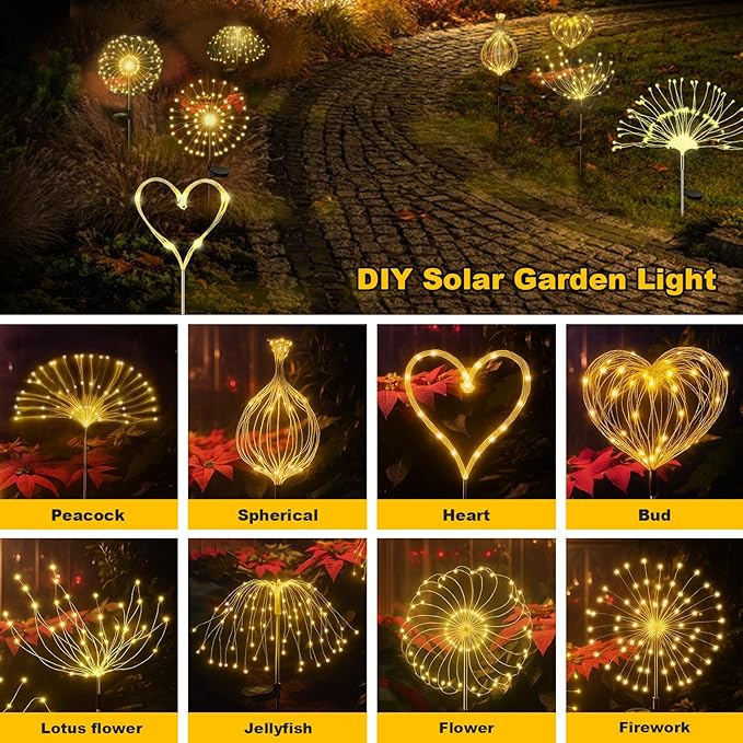 ALSO GO Solar Garden Lights Outdoor Waterproof, 2 Pack 240 LED Solar Firework Lights, Decorative Garden Décor Outside for Flowerbed Pathway Party Christmas Decoration, Warm White