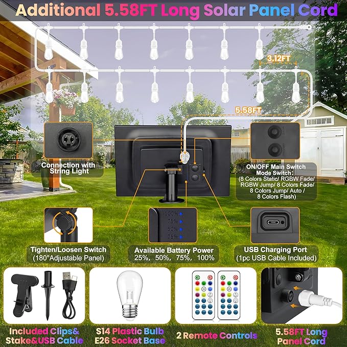 50FT RGB Solar Outdoor String Lights with Remote, Dimmable Waterproof Patio Lights with 15 LED Bulbs for Deck Balcony Cafe Party-White Cord