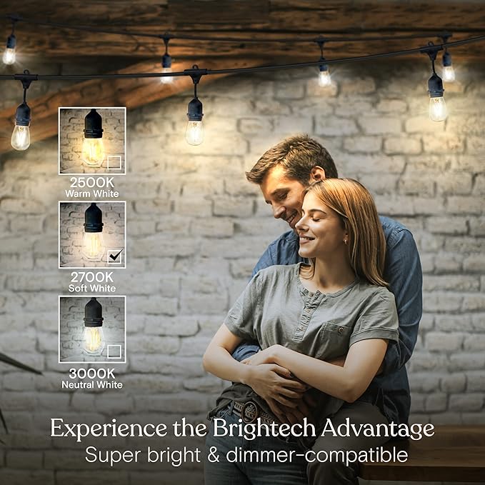 Brightech Ambience Pro Outdoor 24 FT String Lights with One Extra Pack of 15 Ambience PRO Replacement LED Light Bulbs, 2 Watt Vintage LED Edison Bulbs, 2700K Soft White Dimmable Outdoor