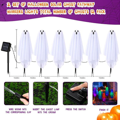 Threan 12 Packs Halloween Decoration Solar Ghost Pathway Decoration Outdoor White Cloth Ghost Stakes, Spooky Cloth Ghosts Solar Decor, Changing LEDs Pathway for Halloween Party Yard Lawn Patio Porch