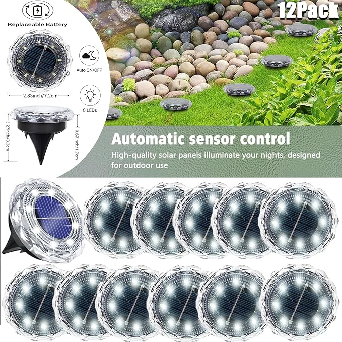 12Pack Solar Ground Lights, Solar Lights Outdoor Waterproof, Pathway Lights Solar Powered, Solar Garden Light | Lumora