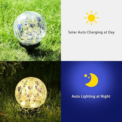 Solar Globe Lights Outdoor Waterproof, Cracked Glass Ball Orb Lights, Waterproof Globes for Garden Pathways, Patio Decor & Backyard Landscaping, Round Ornaments Orbs (Blue Flower)