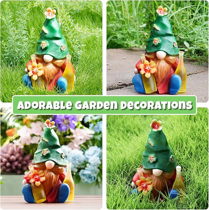 Solar Garden Statues Lights, 8.5" Christmas Outdoor Gnome Figurine with Auto On/Off for Yard Patio Decor, Gifts for Women, Grandma, Mom, Housewarming,Spring Garden Decor