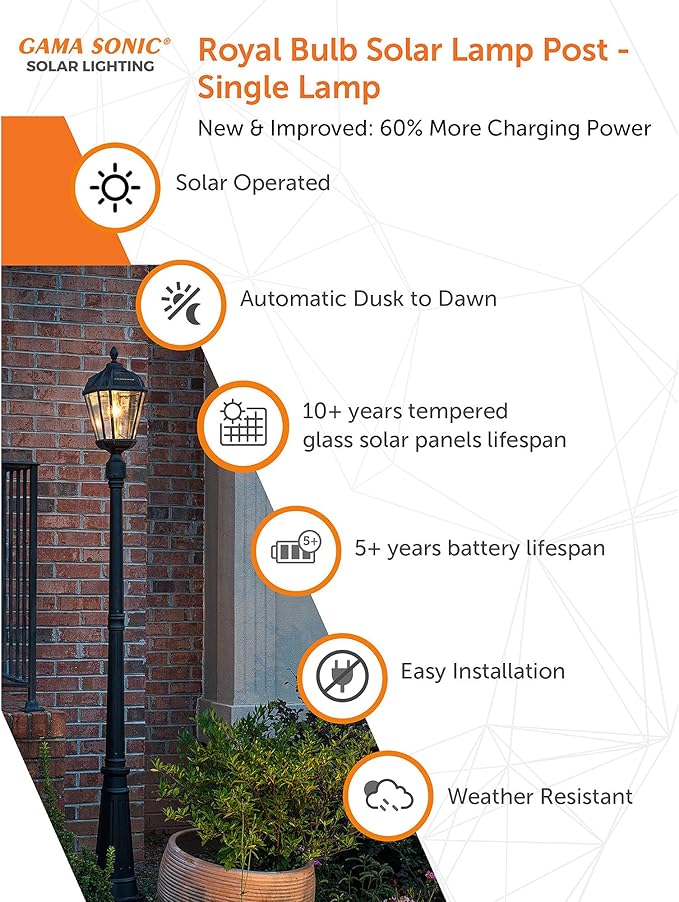 Gama Sonic Solar Outdoor Lamp Post Light, Black Cast Aluminum and Beveled Glass Panels, 10-Year Royal Bulb, Warm | Lumora