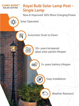 Gama Sonic Solar Outdoor Lamp Post Light, Black Cast Aluminum and Beveled Glass Panels, 10-Year Royal Bulb, Warm | Lumora