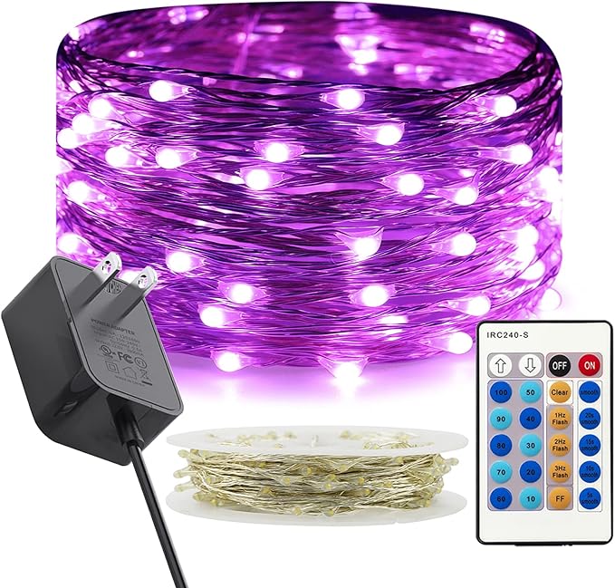 RUICHEN Dimmable Purple Fairy Lights Plug in, 33 Ft 100 LED Twinkle String Lights with Remote, Waterproof Silver Wire Lights for Christmas Halloween Party Bedroom Patio Garden