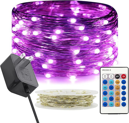 RUICHEN Dimmable Purple Fairy Lights Plug in, 33 Ft 100 LED Twinkle String Lights with Remote, Waterproof Silver Wire Lights for Christmas Halloween Party Bedroom Patio Garden